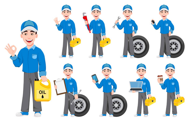 Professional auto mechanic in uniform. Smiling cartoon character holds toolbox and coffee. Expert service worker. Vector illustration - Vector, Image