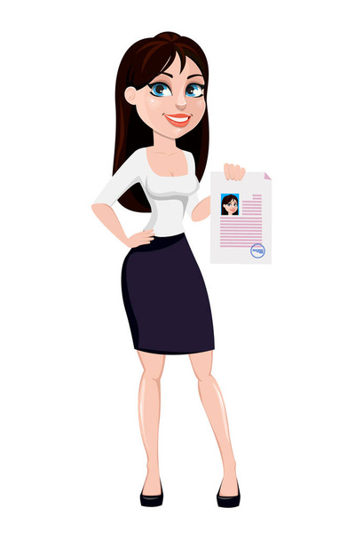 Business woman with brown hair, concept of cartoon character in office style clothes. Modern lady businesswoman holds signed document. Vector illustration isolated on white background - Vector, Image