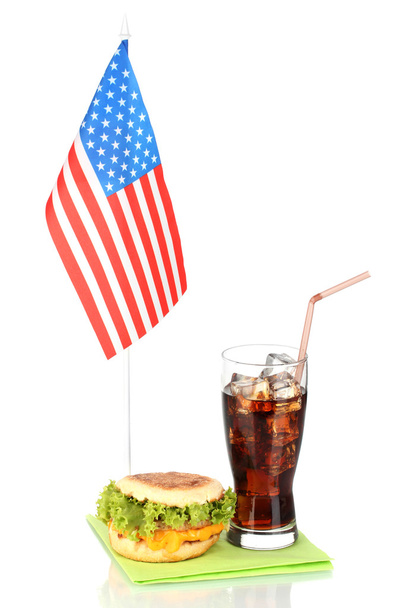 tasty sandwich and cola with american flag, isolated on white - Zdjęcie, obraz