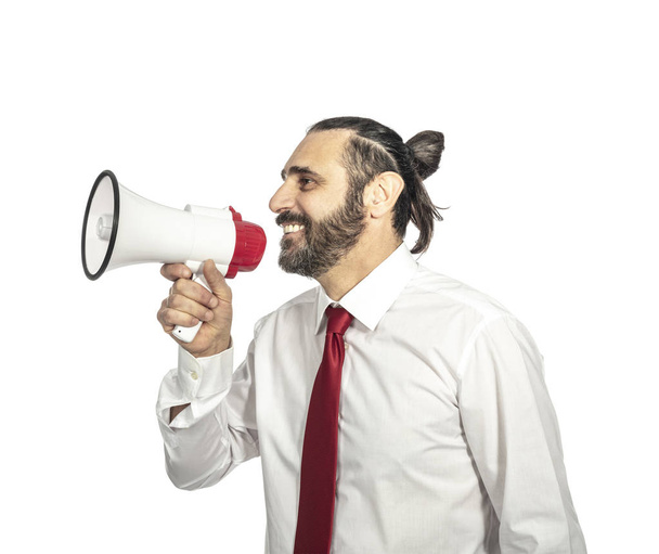 isolated man with megaphone on white background - Fotoğraf, Görsel