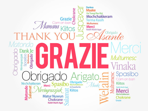 grazie (Danke auf italienisch) Wort Wolke Hintergrund, alle Sprachen, mehrsprachig für Bildung oder Erntedankfest - Vektor, Bild