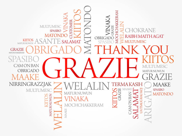 Grazie (děkuji v italštině) slovo mrak pozadí, všechny jazyky, vícejazyčné vzdělávání nebo den díkůvzdání - Vektor, obrázek