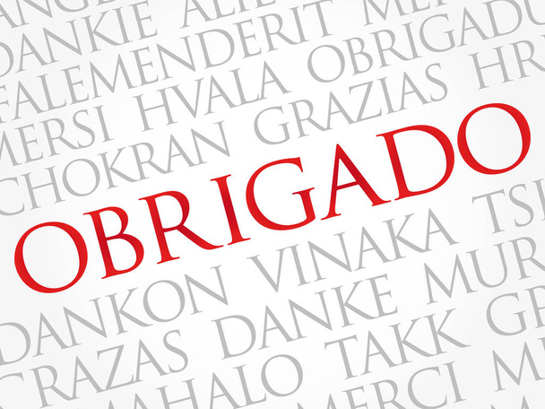 Obrigado (Děkujeme v portugalštině) Word Cloud pozadí, všechny jazyky, vícejazyčné pro vzdělávání nebo Den díkůvzdání - Vektor, obrázek