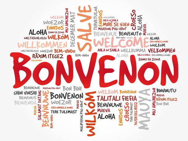 Bonvenon (Welkom in het Esperanto) woord wolk in verschillende talen, conceptuele achtergrond - Vector, afbeelding