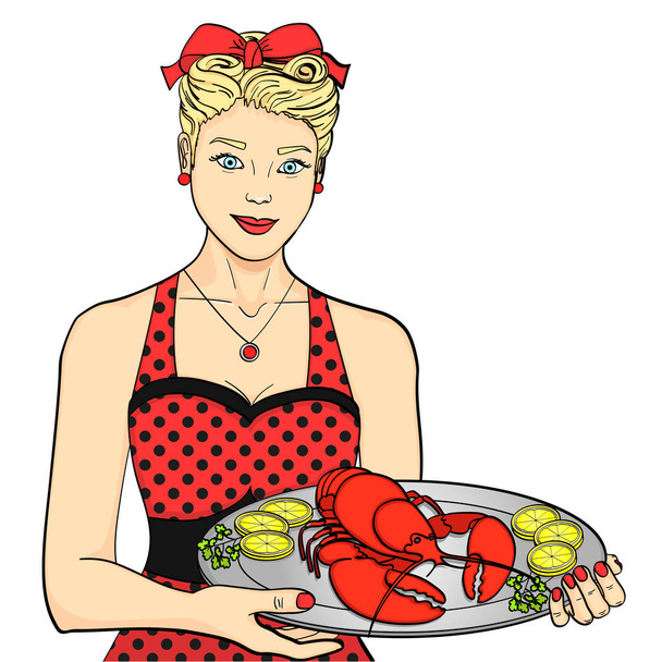 L'ospite, il cuoco, il cameriere in rosso servono il cibo. La donna presenta l'aragosta su un vassoio. oggetto isolato su sfondo bianco
 - Foto, immagini