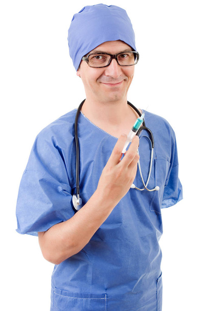 happy male doctor with a syringe, isolated on white background - Foto, Imagem