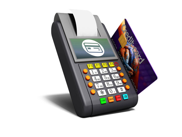 Pagamento de mercadorias pelo terminal com cartão de crédito 3d renderizar em fundo branco com sombra
 - Foto, Imagem