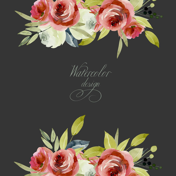 Cartão tentador com borgonha aquarela e rosas brancas, pintado à mão em um fundo escuro, design de cartão de férias, cartão postal de decoração, convite de casamento
 - Foto, Imagem