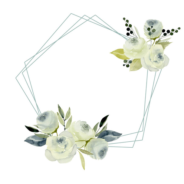 Pentagonal frame with watercolor white roses, hand painted on a white background, wedding design - Photo, Image