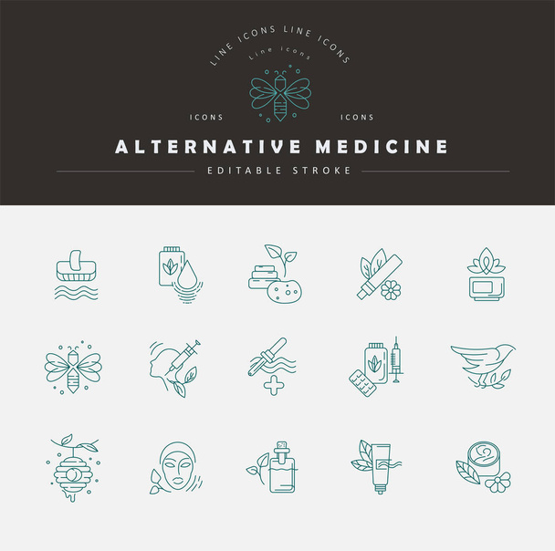 Vektor ikon és logó az alternatív gyógyászat. Szerkeszthető vázlatos körvonal - Vektor, kép