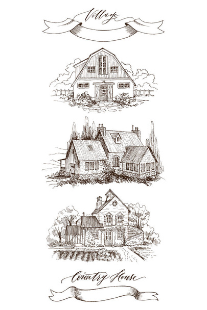 Sada Rural krajina s starý farmářský dům a zahradu. Ručně kreslené ilustrace ve stylu vintage. Retro kazeta s nápisem venkovský dům a vesnici. Vektorová design - Vektor, obrázek