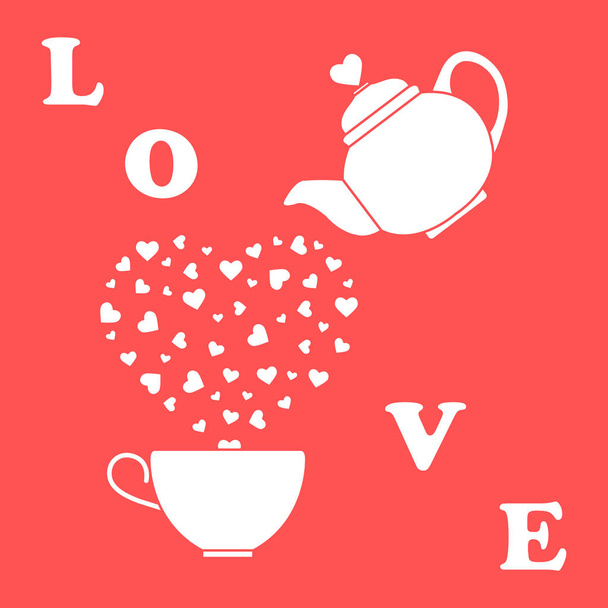 Vector illustration with kettle, cup of tea, hearts. Happy Valentine's Day. Design for party card, banner, poster or print. - Wektor, obraz