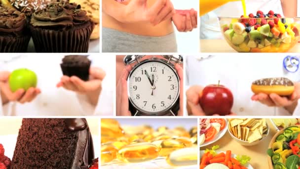 Montaasi valintoja terveellisiä ja epäterveellisiä elintarvikkeita
 - Materiaali, video