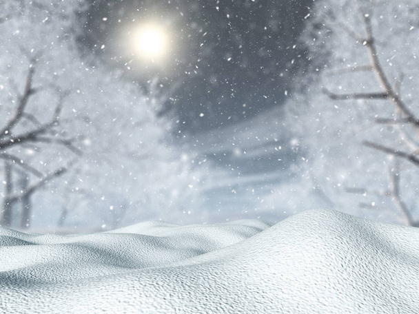 3D renderização de neve contra uma paisagem de árvore em uma nevasca
 - Foto, Imagem