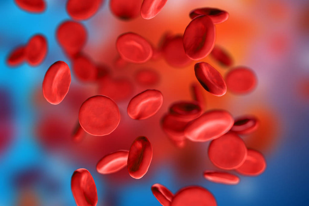 3D ilustracja czerwonych krwinek erytrocytów zbliżenie pod mikroskopem na niebieskim tle. Pojęcia naukowe medyczne - Zdjęcie, obraz
