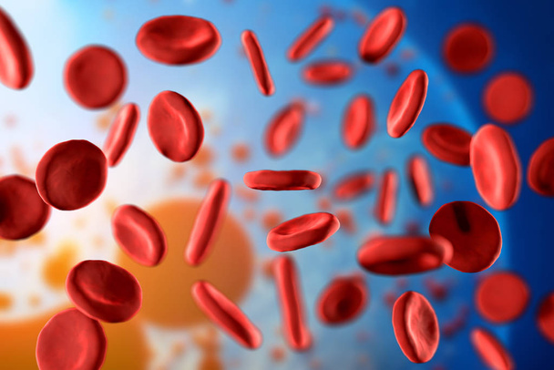 3d ilustración de eritrocitos de glóbulos rojos de cerca bajo un microscopio en el cuerpo. Concepto de formación médica científica
 - Foto, Imagen