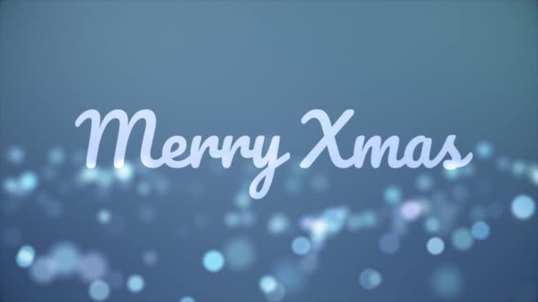 Formulering Merry Christmas met kleine, fuzzy lichten vliegen op blauwe achtergrond, groeten kaart style. Zin vrolijke kerst met veel ronde lampjes, Happy New Year concept. - Video