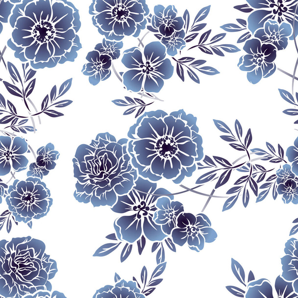 Seamless vintage style monochrome dark blue colored flower pattern. Floral elements. - ベクター画像
