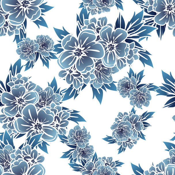 Seamless vintage style monochrome dark blue colored flower pattern. Floral elements. - Вектор,изображение