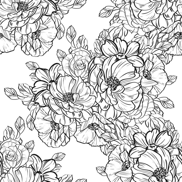 Seamless vintage style flower pattern. Floral elements in black and white. - Wektor, obraz