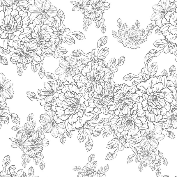 シームレスなビンテージ スタイルの花柄。黒と白の花の要素. - ベクター画像