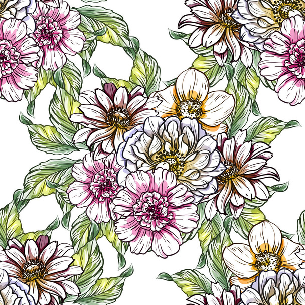 Seamless vintage style bright flower pattern. Floral elements in color - Wektor, obraz