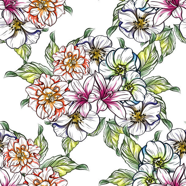 Seamless vintage style bright flower pattern. Floral elements in color - Вектор, зображення