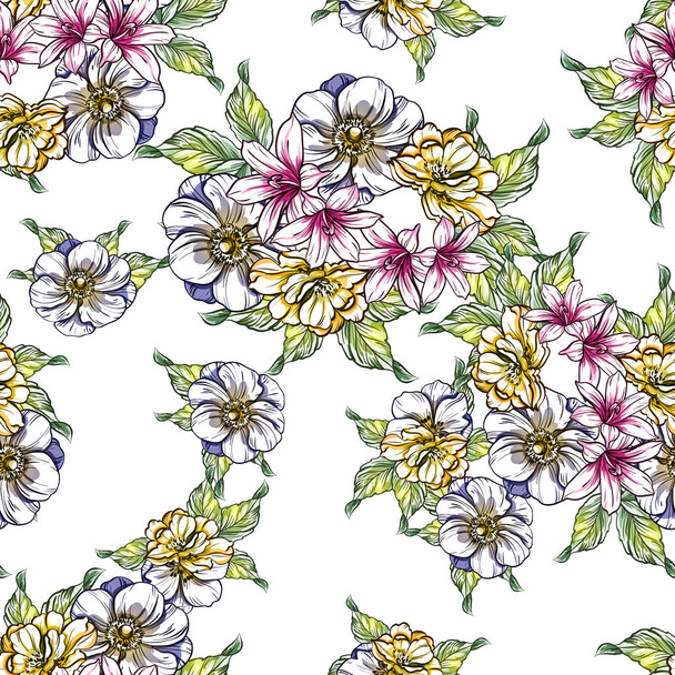 Seamless vintage style bright flower pattern. Floral elements in color - Vector, afbeelding