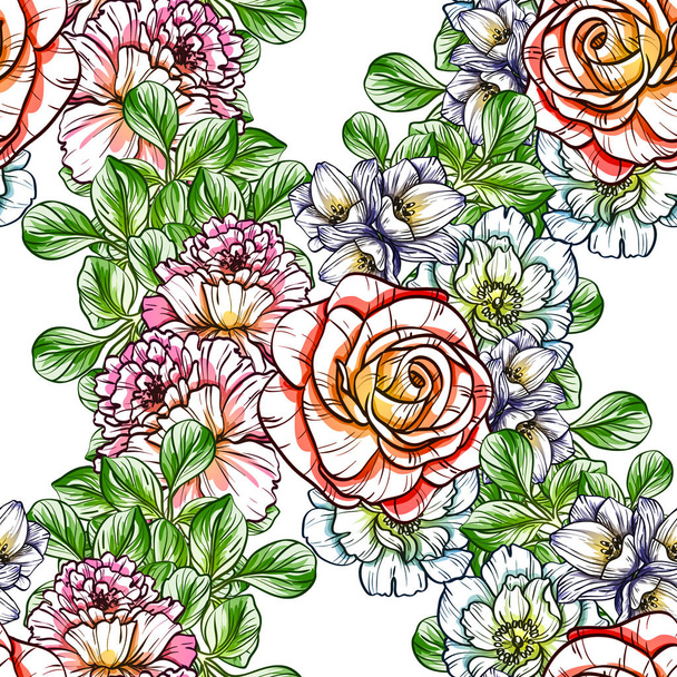 Seamless vintage style bright flower pattern. Floral elements in color - Διάνυσμα, εικόνα