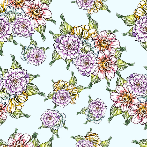 Seamless vintage style bright flower pattern. Floral elements in color - Вектор,изображение