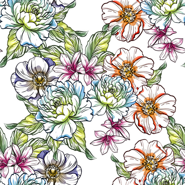 Seamless vintage style bright flower pattern. Floral elements in color - Vector, imagen