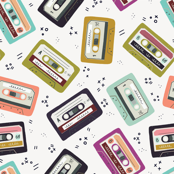 Naadloze patroon met hand getrokken cassettebandjes. Old school betegeling achtergrond met kleurrijke cartoon mixtapes. jaren 80 - 90s vector illustratie. - Vector, afbeelding