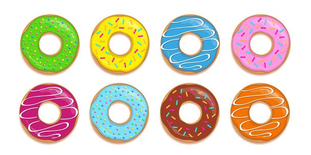 reeks van kleurrijke donuts met verschillende suiker hagelslag - Vector, afbeelding