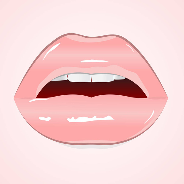 Realistische glanzende roze lippen op roze achtergrond. Stralende glans lippenstift, erotische open mond, seksuele natte roze lip, witte tanden. Vectorillustratie - Vector, afbeelding