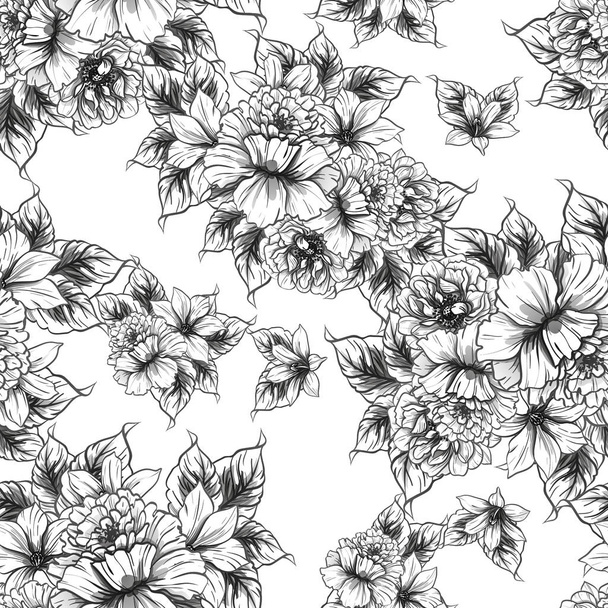 Seamless vintage style flower pattern. Floral elements in black and white. - Vektor, kép