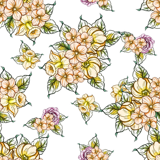 Seamless vintage style bright flower pattern. Floral elements in color - Vetor, Imagem
