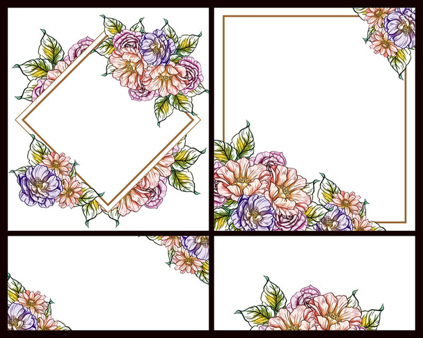 Vintage style flower wedding cards set. Floral elements and frames. - Vector, imagen