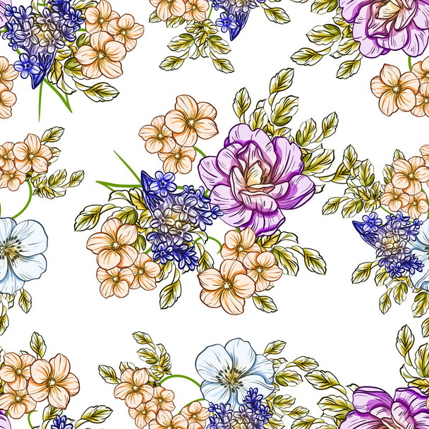 Seamless vintage style bright flower pattern. Floral elements in color - Vector, Image