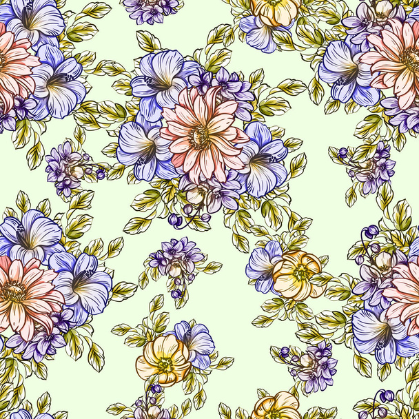 Seamless vintage style bright flower pattern. Floral elements in color - Vector, Imagen