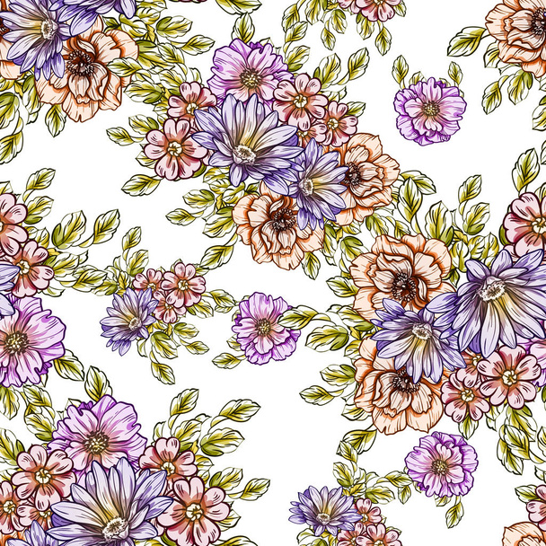 Seamless vintage style bright flower pattern. Floral elements in color - Vektor, kép