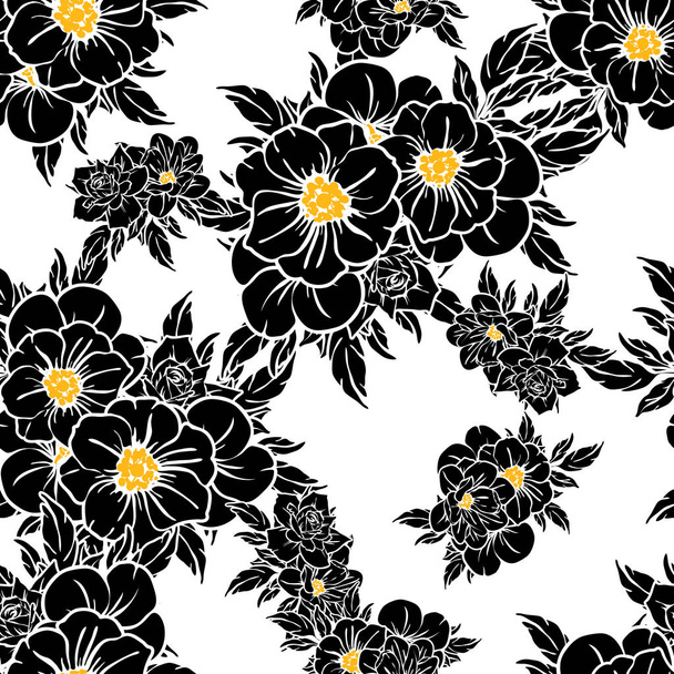 Seamless vintage style flower pattern. Floral elements in black, white and yellow. - Vector, afbeelding