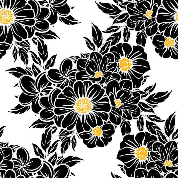 Seamless vintage style flower pattern. Floral elements in black, white and yellow. - Vetor, Imagem
