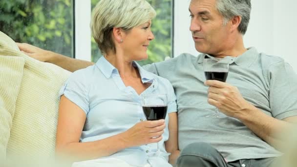 μέσης ηλικίας στο σπίτι ζευγάρι πόσιμο κόκκινο κρασί - Πλάνα, βίντεο
