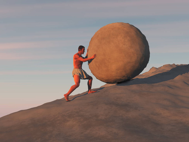 3D απεικόνιση ενός ανθρώπου που πιέζει μια μεγάλη πέτρα σε μια πλαγιά - Φωτογραφία, εικόνα