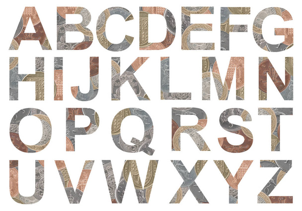 Beyaz arka plan üzerinde izole İngiliz alfabesinde geçerli olan harfleri, paralar - Fotoğraf, Görsel