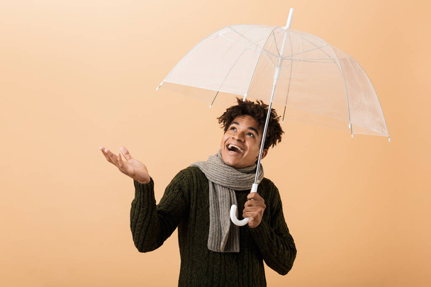 Portrait of excited african american guy wearing sweater and scarf standing under umbrella isolated over beige background - Zdjęcie, obraz