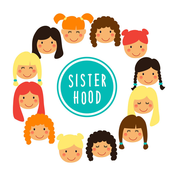 glückliche Frauen- oder Mädchengesichter als Vereinigung von Feministinnen, Schwesternschaft als flache Comicfiguren isoliert auf weißem Hintergrund - Vektor, Bild