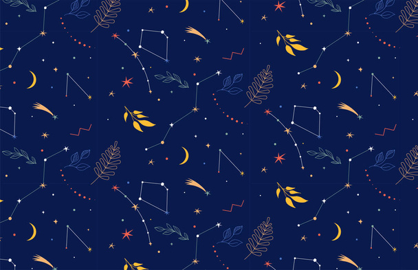Konstellationen nahtlose Muster. Nachthintergrund mit Sternen, Planenten und Blättern - Vektor, Bild