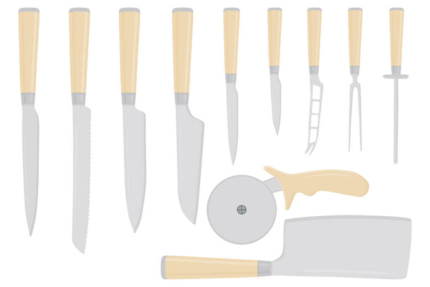 Illusztráció a téma nagy színes készlet különböző típusú kések különböző méretű hentes. Kés minta, amely gyűjtemény tartozék hentes a konyhában. Mészáros konyhai késsel. - Vektor, kép