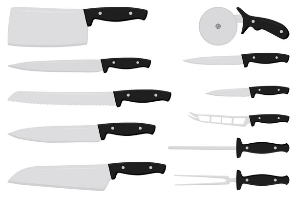 Εικονογράφηση θέμα μεγάλο χρωματιστό ορίστε διαφορετικούς τύπους μαχαίρια διαφορετικό μέγεθος για το χασάπη. Μαχαίρι μοτίβο αποτελείται από συλλογή αξεσουάρ να κρεοπώλη στην κουζίνα. Κρεοπωλείο με μαχαίρια κουζίνας για γεύμα. - Διάνυσμα, εικόνα